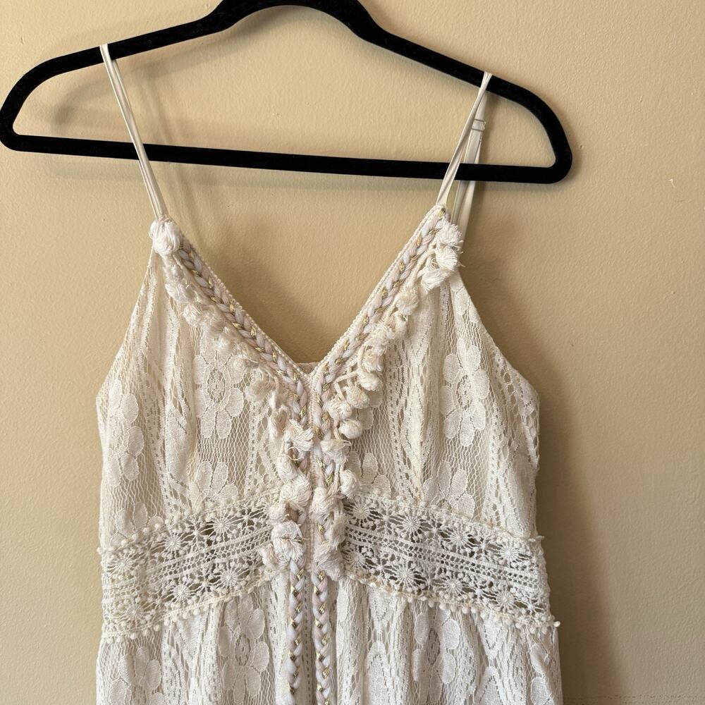 Boho Lace Maxi Dress Cream Crochet Floral Tassel Pom Pom Festival Cami Sundress